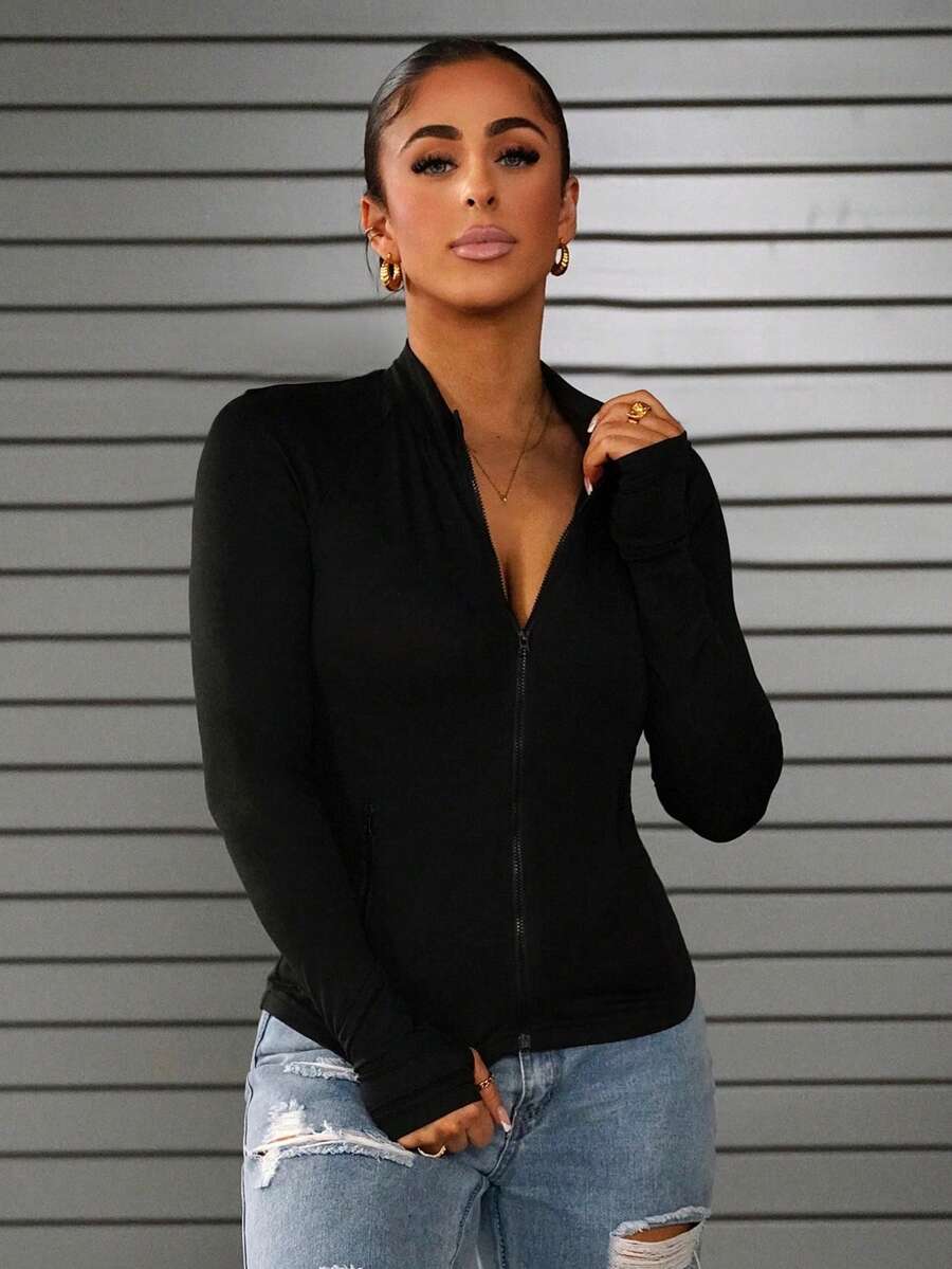 SAYEHFBABY Chaqueta casual sencilla con manga larga y cremallera delantera de unicolor para mujer - Negro - Ver 1