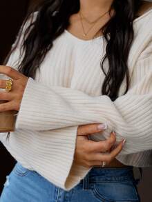 SAYEHFBABY Solid Drop Shoulder Crop Ribbed Knit Sweater,Long Sleeve Tops - Apricot - View 5