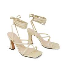 XY LONDON Dylan Women's Lace Up Toe Post Heeled Sandals, Square Toe, High Heels, Sculptured Block Heel, Black, Green, Nude, Synthetic Leather, Nightclub Style, Party, Spring/ Summer