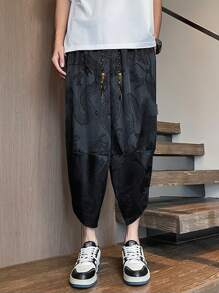 Men's Chinese Style Jacquard Weave Dragon Pattern Drawstring Harem Pants, Soft Breathable Casual Beach Pants, Suitable For Summer, Spring