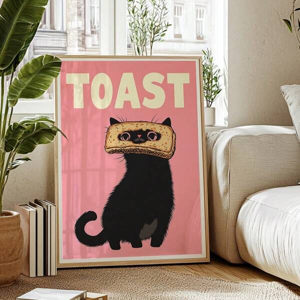 Impresión de pared de gato tostado rosa, arte de pared de gato negro, regalo para amantes de los gatos, impresiones de descarga digital, arte imprimible grande, impresiones de la chica de los gatos, sin marco