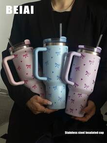 1 件 40 盎司-14 盎司不锈钢真空隔热旅行杯，带手柄、心形和蝴蝶结装饰，大容量保温/保冷杯，适用于汽车、学校、办公室、户外、健身房、家庭、女性和青少年礼物、节日礼物、生日礼物（带吸管） - 彩色 - 查看 13