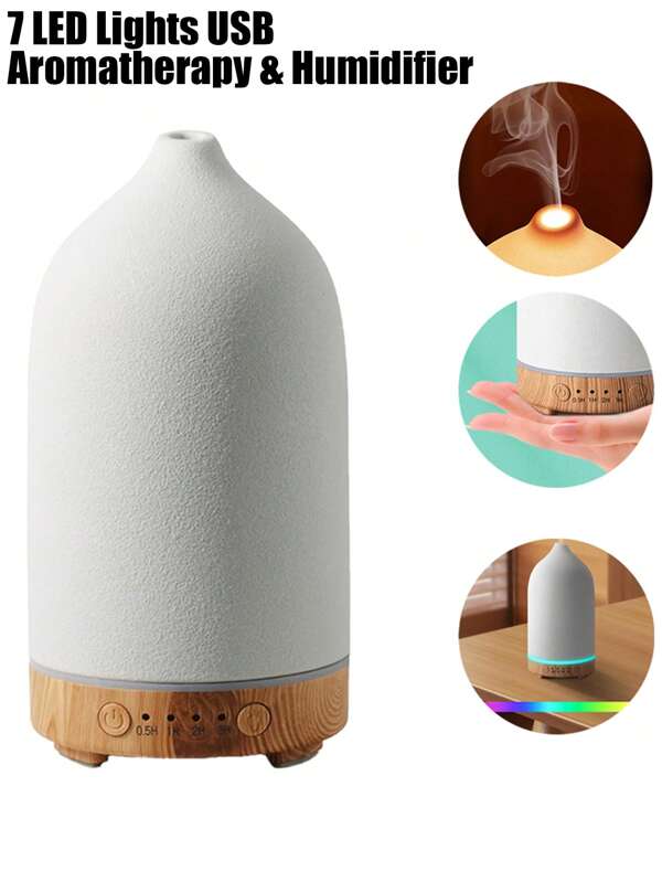 100ML Ceramic Essential Oil Diffuser - Ultrasonic Aromatherapy & Humidifier With 7-Color LED Lights, Auto Shut-Off, Wood Grain Base, 30s/1H/2H Timer | Scent For Home, Office, Yoga
