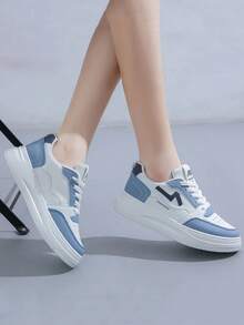 Zapatillas de deporte de color sólido de la PU del dedo del pie redondo del cordón de las mujeres, zapatillas de deporte respirables casuales cómodas, zapatos planos unisex antideslizantes de la pareja - Azul - Ver 2
