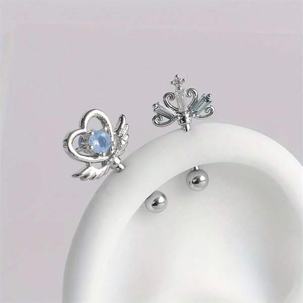 1pc Stainless Steel Heart Wings Cartilage Earring, Cute & Sweet Style With Crystal Decor, Suitable For Daily And Party Wear, All Season