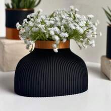Modern Ribbed Ceramic Vase – Sleek Black & Copper Planter For Houseplants, Succulents & Home Decor – Handmade Indoor Flower Pot With Textured Finish - Black - View 2