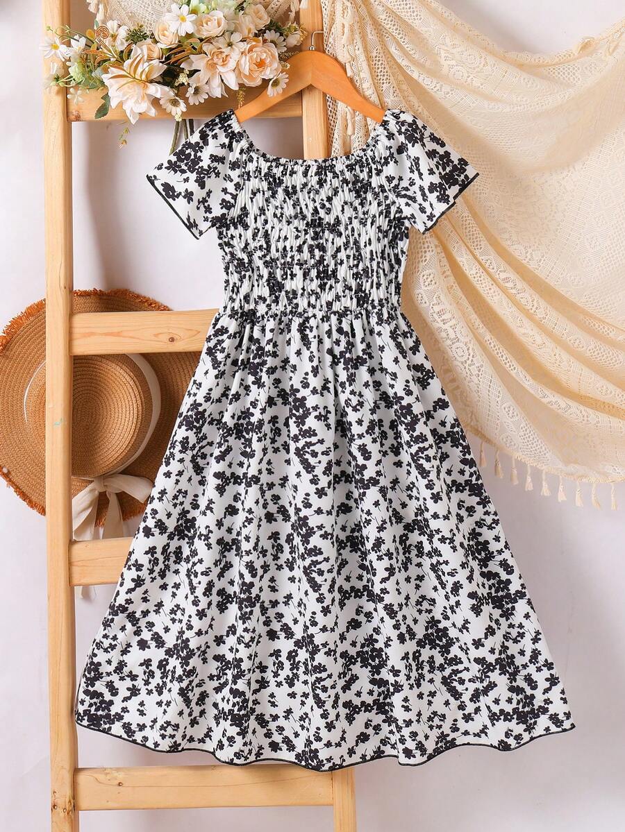 Mädchen Ditsy Blumen Ärmelloses Lässig Kleid, modisch und elegant für Teenager, geeignet für Sommer, Strand, Urlaub - Schwarz und Weiss - Übersicht 1