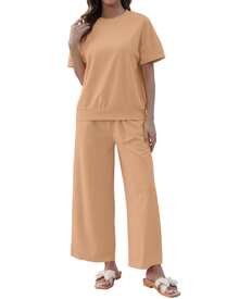 2pcs Women's Solid Knit Casual Vacation Drawstring Short Sleeve Top And Pants Set, Lightweight - Màu Khaki - Xem 3