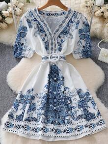Women Floral Print Lantern Sleeve Mini Dress - Blue - View 1