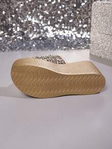 Sexy Bohemian Rhinestone Peep-Toe Platform Wedge Slide Sandals For Women, High Heel, Fashion, Outdoor Slip-On, Solid Color, Summer