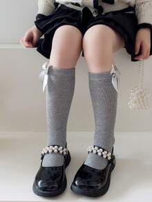 1 Pair Girls Plain Bow Knee High Socks, Mid-Calf Length School Uniform Socks, Versatile For All Seasons