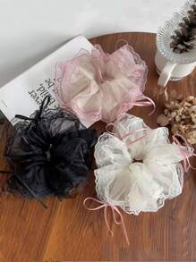 3pcs Elegant & Sweet Bowknot Lace Mesh Ruffle Ribbon Hair Scrunchies, Hair Ties For Women Scrunchy Hair Ties ,Head Piece