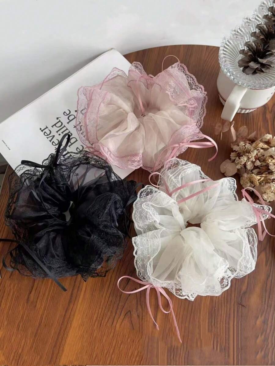 3pcs Elegant & Sweet Bowknot Lace Mesh Ruffle Ribbon Hair Scrunchies, Hair Ties For Women Scrunchy Hair Ties ,Head Piece