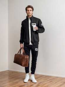 男士秋季字母印花立领拉链夹克和裤子套装，休闲运动装 - 黑色 - 查看 8