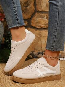 New Casual Sports Shoes, Fashion Versatile Trainers Shoes, Faux Suede Women Lace-Up Sneakers, Student Shoes - Beige - View 5
