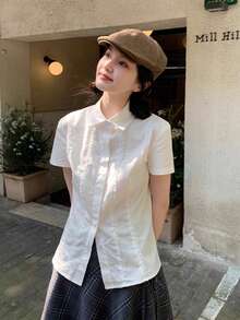 白色收腰夏季衬衫，采用创新设计和蕾丝花边 - 白色 - 查看 3