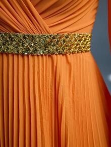 Mgiacy,New Arrival,Cross-Over Collar,Shining,Bridesmaid Dress,Solar Pleat,Hollow Out Lantern Sleeve,Chiffon,A-Line Dress - Burnt Orange - View 8