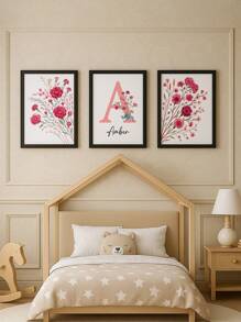 3 pezzi di arte murale personalizzata con nome senza cornice, cartellone su tela con fiori selvatici personalizzati, decorazione da parete rossa, decorazione per la camera dei bambini, decorazione da parete per la camera delle ragazze, cartellone per decorazione dell'asilo, senza cornice, regalo di compleanno perfetto, arte per la nursery, decorazione back to school