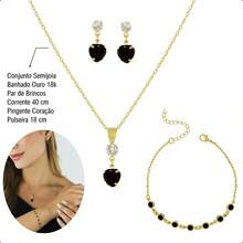 18k Gold Plated Semi-Jewelry Kit - Set With Bracelet, Chain, Pendant And Heart Earrings - Hitam - View 3