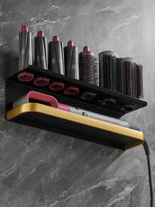 Estante de almacenamiento para rizadores y soporte para secador de cabello, soporte montado en la pared para varita rizadora y secador de cabello, soporte para herramientas de peinado sin perforación para el cabello, estante organizador de secador de cabello para baño, dormitorio y salón de belleza con material de aleación de aluminio, 2 métodos de instalación (perforación y no perforación)