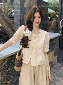 夏季新款中式立领衬衫，时尚上衣 - 杏色 - 查看 1