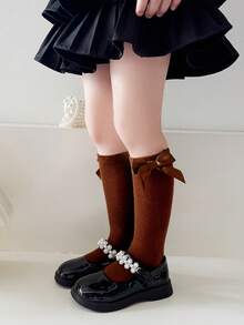 1 Pair Girls Plain Bow Knee High Socks, Mid-Calf Length School Uniform Socks, Versatile For All Seasons