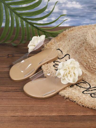 1 Pair Fashion Transparent Flower Decor Design Casual Sandals For Girls Aged 3-15, Suitable For Outdoor, Vacation, Party Wear