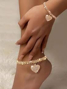2Pcs Rhinestone Rhombus Beach Bracelet Anklet Set For Women, Simple Chic Crystal Heart Pendant