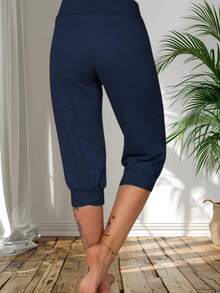 Womens Loose Capri Yoga Pants With Drawstring And Pockets Casual Lounge Joggers For Summer - Màu xanh hải quân - Xem 3