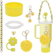7pcs Mug Accessory Set, Includes 1pc Water Bottle Handle Strap, 1pc Silicone Mug Cover, 1pc Butterfly Straw Lid, 2pcs Butterfly And Hairball Ornaments For Mugs Glasses For 40oz.&30oz Glass Mugs Mug Accessories - Multicolor - View 18