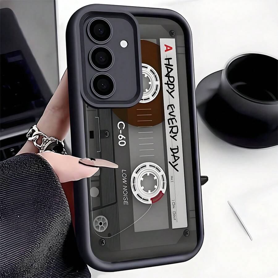 1个快乐每一天磁带图案防震手机壳，加厚防滑保护套，兼容、荣耀、红米、Galaxy等手机。 - 黑色 - 查看 1