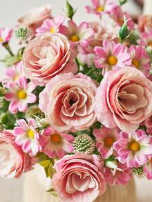 1 束人造玫瑰花假玫瑰和雏菊花束丝绸玫瑰花花瓶家居婚礼派对装饰餐桌中心装饰 - 粉色 - 查看 6
