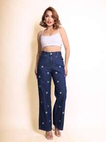 Calça jeans wide leg estampado de florzinha feminino