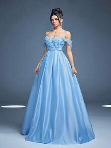 Mgiacy、新品、露肩、3D花卉、优雅、伴娘礼服、缎面、长裙、适合、婚礼嘉宾 - 淺藍色 - 查看 5