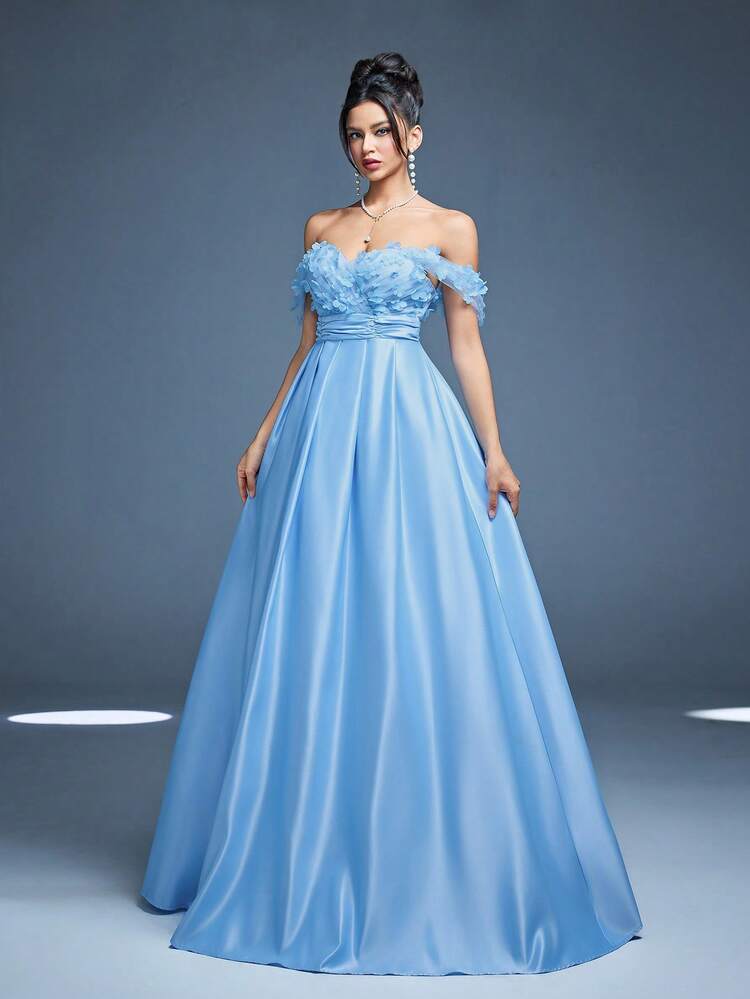 Vestido largo de dama de honor de satén, con hombros descubiertos, elegante, con flores 3D, nueva llegada de Mgiacy, para invitado de boda - Celeste - Añade 5