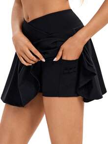 Women's 2-In-1 High-Waisted Tennis Skirt Gym Sports Golf Elegant Pants Skirt Sweat-Absorbent And Breathable Cute Cross Pleated Pants Skirt Pocket Summer Casual Fashion Women's Wear. - 黑色 - 查看 6