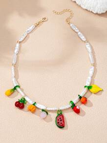 1 Stück Sommer Glas Frucht Charm Halskette, süßes handgefertigtes glasiertes Frucht Dekor Boho Kunstperle Perlenkette Schmuck, geeignet für Urlaub, Reise, Sommerferienstil