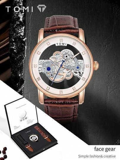  TOMI 1pc Boxed Men's Fashion Hollow Gear Rhinestone Leather Belt Quartz Watch, Suitable For Daily Life, Festivals, Gifts, Birthday, Christmas, New Year