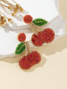 1 Pair Handmade Beaded Cherry With Rhinestones Earrings, Sweet And Fashionable For Women