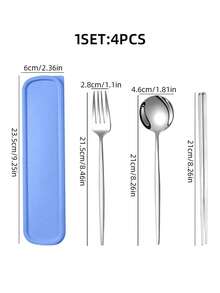 4-Piece Stainless Steel Cutlery Set (Fork, Spoon, Chopsticks, Storage Box), Student Portable Cutlery, Kitchen, Back-To-School Gift - Portuguese Silver Cutlery + Plain Chopsticks - View 8