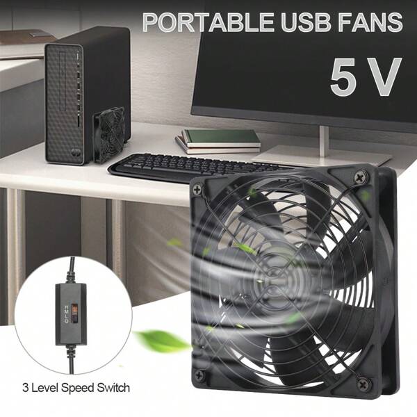 Tragbarer USB-Ventilator PC-Ventilator Elektronischer Kühlventilator 3-stufiger Geschwindigkeitsschalter 1500 RPM 5V für Laptop/TV-Box/AV-Schrank//Router Kühlventilator Schwarz mit Metallgitter