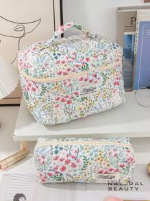 1 Peça/Conjunto Nécessaire de Maquiagem com Flores Frescas, Estilo com Zíper Acolchoado com Estampa Floral Rosa e Planta Verde, Grande Abertura, Portátil para Viagem. Necessaire de Maquiagem Pequena para Carregar na Mão. Nécessaire para Lavar no Banheiro, Bolsa de Armazenamento de Joias, Bolsa de Armazenamento de Produtos de Beleza, Bolsa de Armazenamento de Pincéis