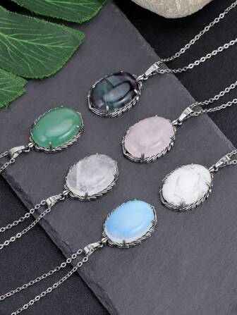 1 pieza Collar con colgante ovalado CSJA de piedras naturales con amatista, cuarzo rosa y cuentas de cristal blanco, cadena de acero inoxidable H627