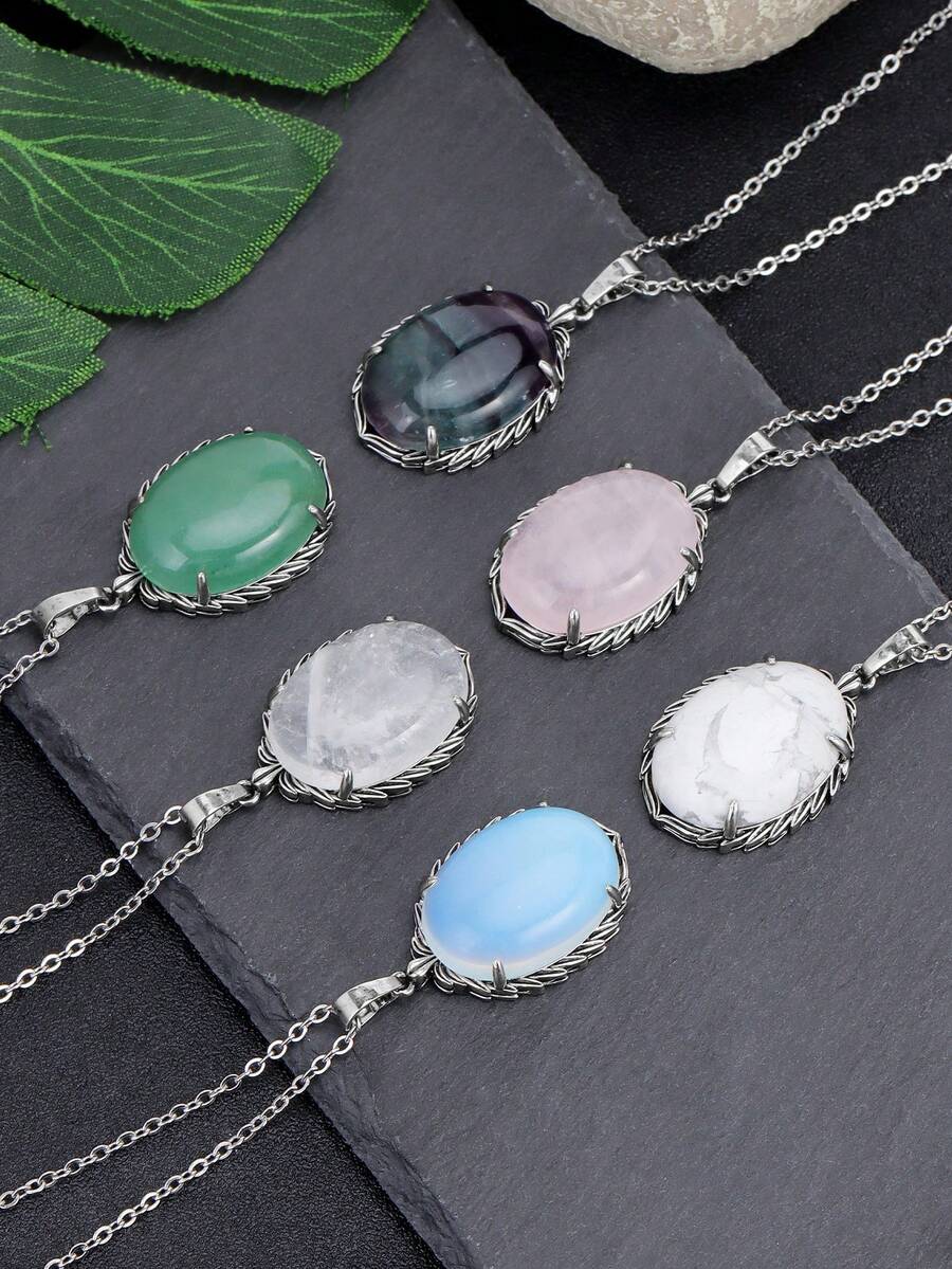 1 件 CSJA 椭圆形吊坠项链天然石疗愈紫水晶玫瑰石英白水晶蛋形珠不锈钢链项链 H627 - Necklace - 查看 1