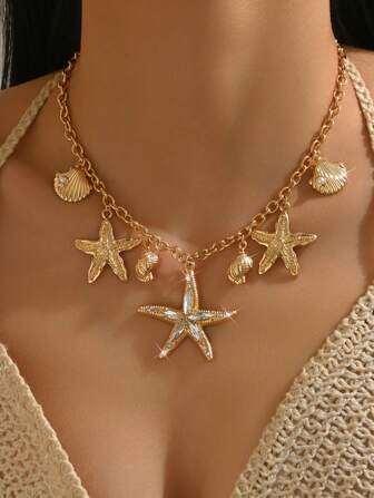 1pc Elegant & Fashionable Women's Bohemian Jewelry Necklace With Assorted Ocean Elements - Gold Starfish, Colorful Faux Shell, Seashell, Gold Fish Pendant, Seahorse, Red Lobster, Mermaid, Crab, Bamboo Bead, Faux Jade Bead, Suitable For All Seasons