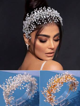 手工珍珠头饰，水晶水钻叶头饰，适用于新娘婚纱配饰