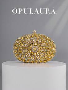 OpulAura 女士奢华闪亮水晶迷你手拿包 - 迷人钻石晚装包，时尚派对/婚礼/正式场合手提包，带链条 - 金色 - 查看 2