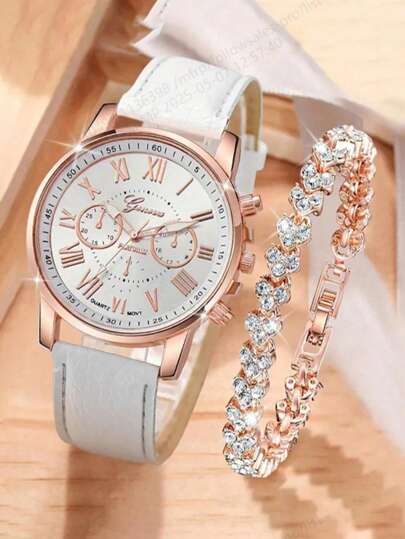 2 pezzi/set Orologio al quarzo casual da donna con puntatore rotondo, orologio e bracciale in pelle PU simulata, ottimo regalo per la mamma e i propri cari