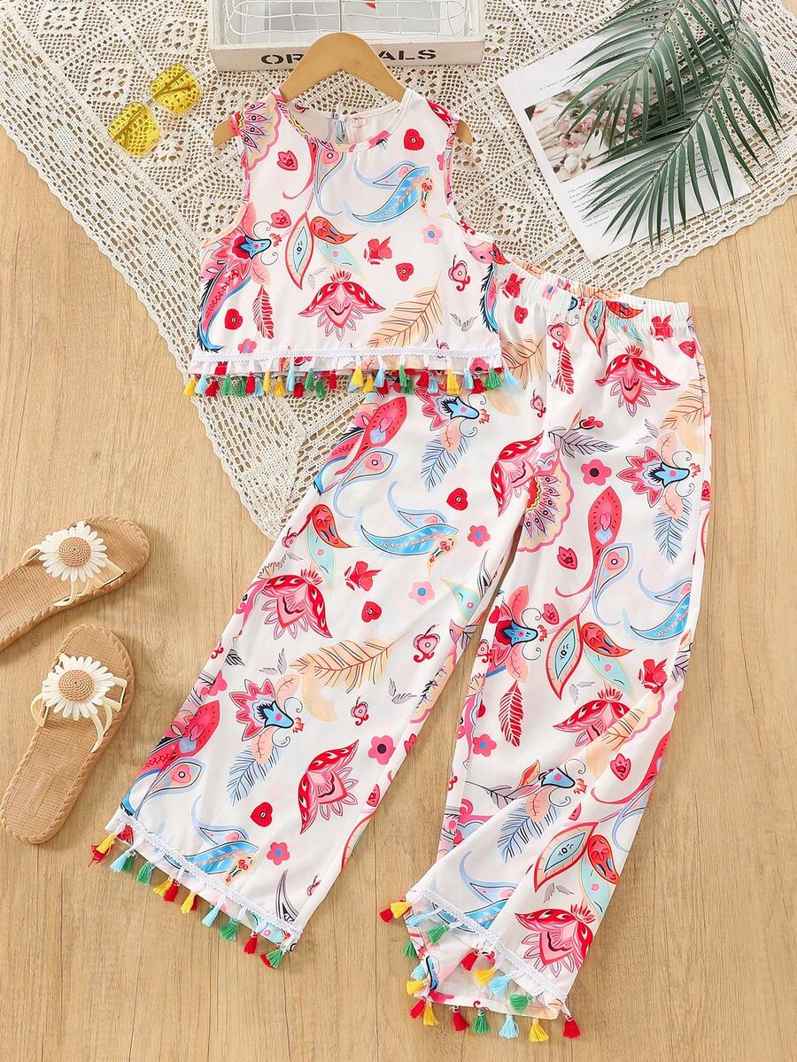 Tween Girls Bohemian Style Paisley Print 2 Pieces Set, Colorful Tassel Decor, Sleeveless Top And Loose Cropped Pants, 100% Polyester, Pullover Crew Neck, Non-Stretch Woven Fabric, Casual Spring/Summer Outfit, Suitable For Outdoor - White - View 1