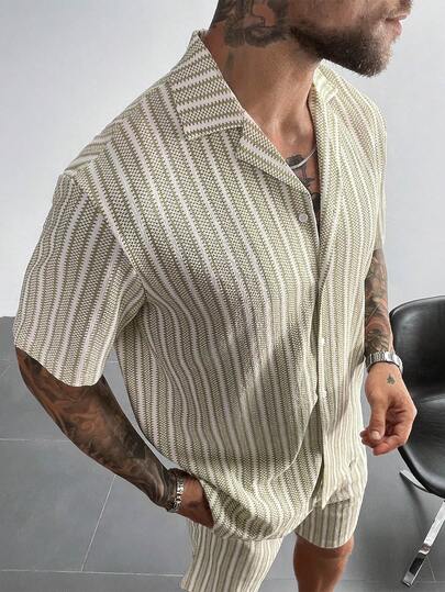 Bộ đồ 2 mảnh phong cách Bohemian GloMan dành cho nam, áo sơ mi và quần short dệt kim móc, áo sơ mi họa tiết jacquard kẻ sọc nhiều màu, thích hợp cho bãi biển, lễ hội âm nhạc, kỳ nghỉ ở Hawaii, trang phục nghỉ hưu, quà tặng cho mẹ.